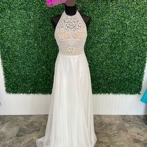 Elegant White and Cream Halter Dress